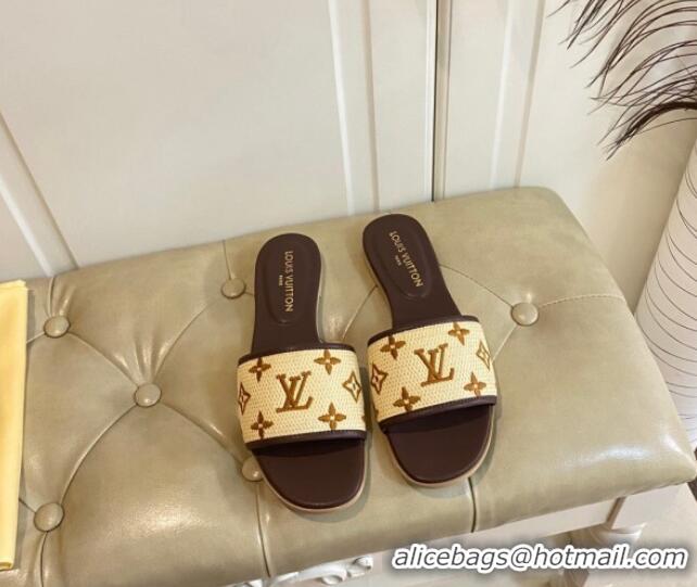 Popular Style Louis Vuitton Flat Slide Sandals in Straw and Lambskin Brown 711144