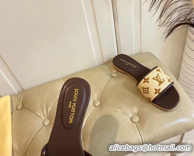 Popular Style Louis Vuitton Flat Slide Sandals in Straw and Lambskin Brown 711144