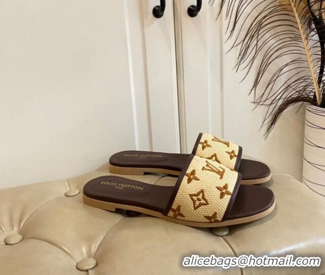 Popular Style Louis Vuitton Flat Slide Sandals in Straw and Lambskin Brown 711144