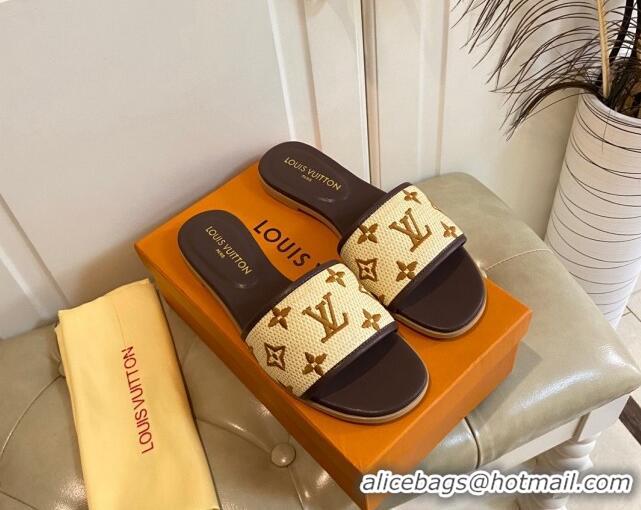 Popular Style Louis Vuitton Flat Slide Sandals in Straw and Lambskin Brown 711144