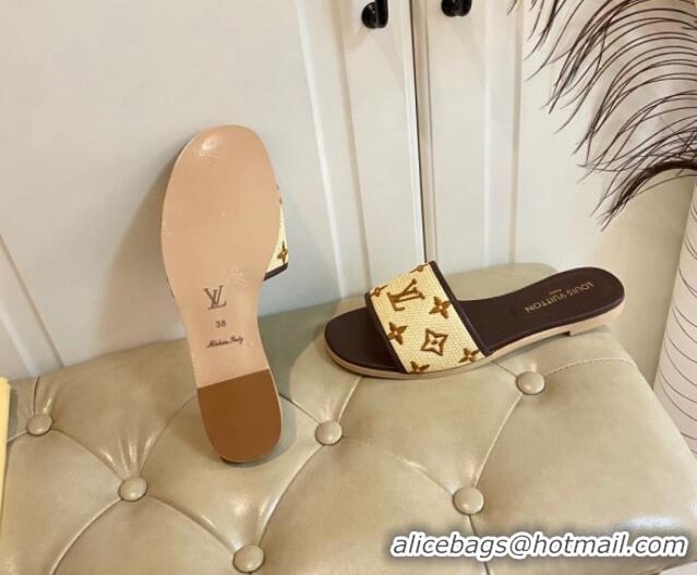 Popular Style Louis Vuitton Flat Slide Sandals in Straw and Lambskin Brown 711144