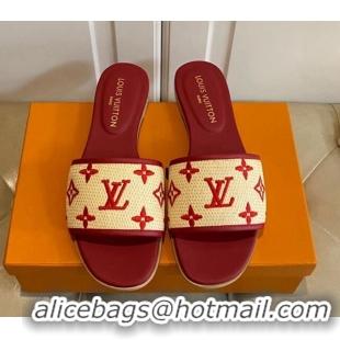 Classic Hot Louis Vuitton Flat Slide Sandals in Straw and Lambskin Red 711145