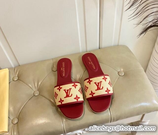 Classic Hot Louis Vuitton Flat Slide Sandals in Straw and Lambskin Red 711145