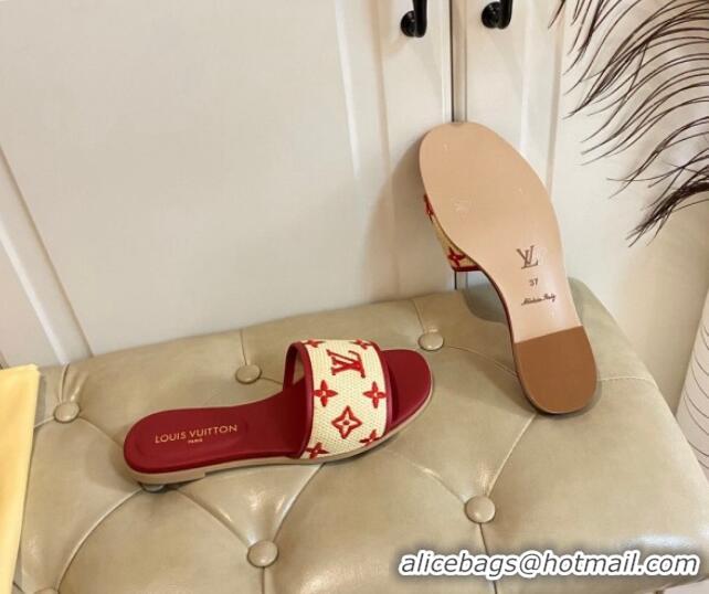 Classic Hot Louis Vuitton Flat Slide Sandals in Straw and Lambskin Red 711145