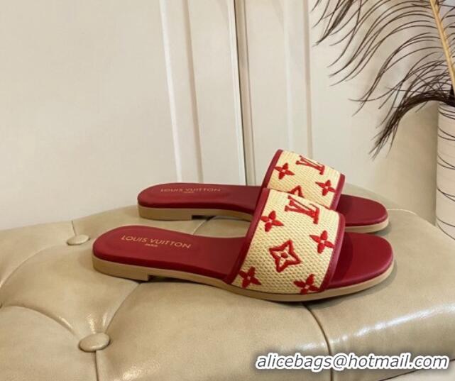 Classic Hot Louis Vuitton Flat Slide Sandals in Straw and Lambskin Red 711145