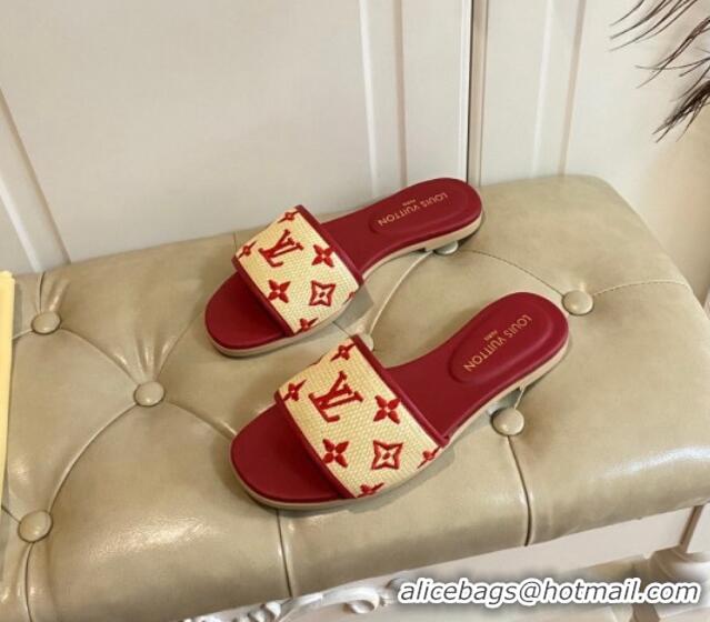 Classic Hot Louis Vuitton Flat Slide Sandals in Straw and Lambskin Red 711145