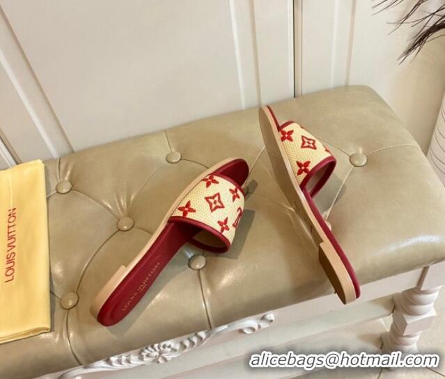 Classic Hot Louis Vuitton Flat Slide Sandals in Straw and Lambskin Red 711145