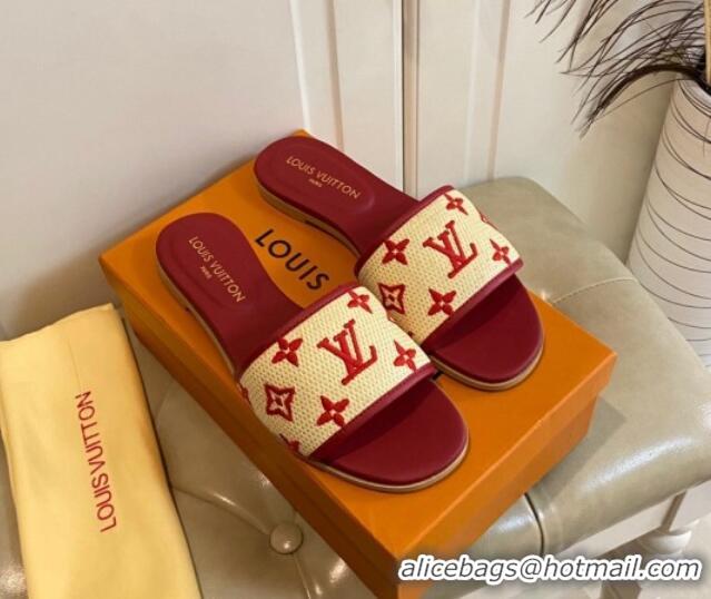 Classic Hot Louis Vuitton Flat Slide Sandals in Straw and Lambskin Red 711145