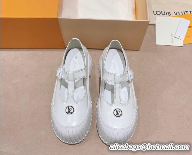 Grade Quality Louis Vuitton Ruby Flat Derby Mary Jane Shoes in Glazed Leather White 712010