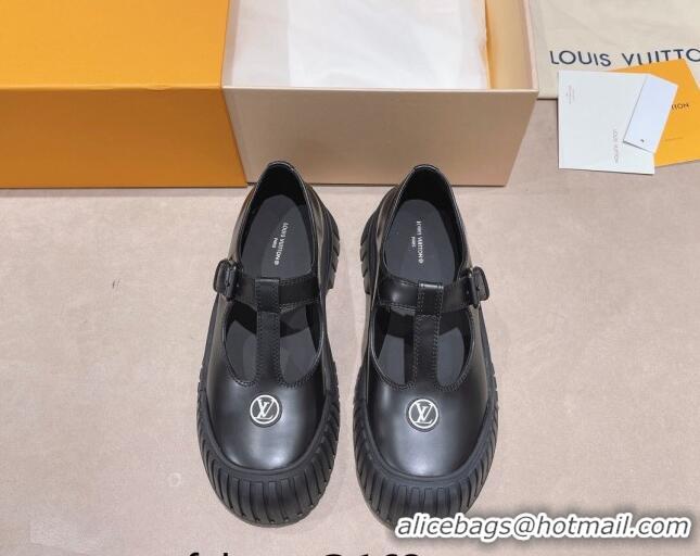 Pretty Style Louis Vuitton Ruby Flat Derby Mary Jane Shoes in Glazed Leather Black 712011