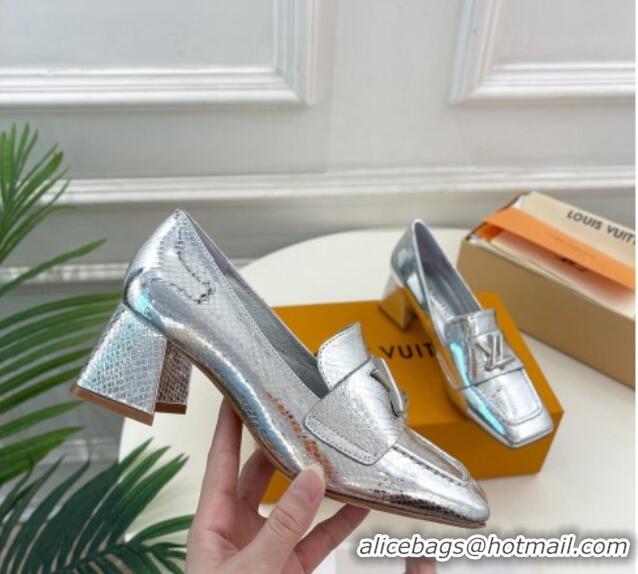 Top Grade Louis Vuitton Shake Loafers 5.5cm in Metallic Snakeskin-Like Leather Silver 718072