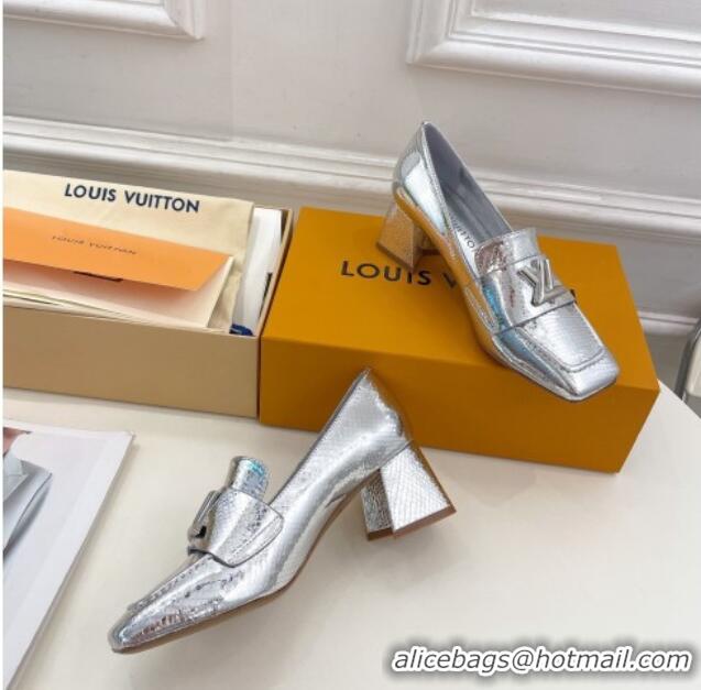 Top Grade Louis Vuitton Shake Loafers 5.5cm in Metallic Snakeskin-Like Leather Silver 718072