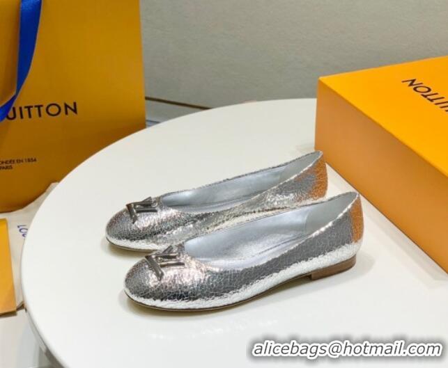 Good Product Louis Vuitton Nina Flat Ballerinas in Crinkled Metallic Leather with LV Silver 725061