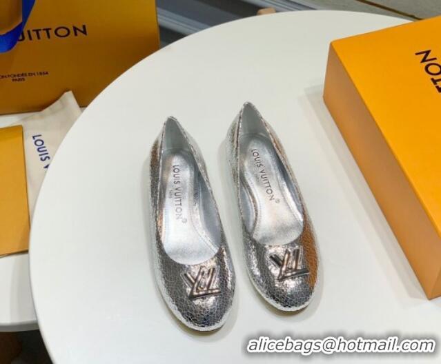 Good Product Louis Vuitton Nina Flat Ballerinas in Crinkled Metallic Leather with LV Silver 725061