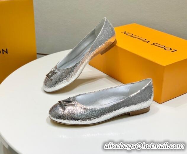 Good Product Louis Vuitton Nina Flat Ballerinas in Crinkled Metallic Leather with LV Silver 725061