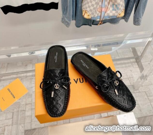 1:1 aaaaa Louis Vuitton Gloria Flat Loafer Mules with Bow in Monogram Leather Black 728035