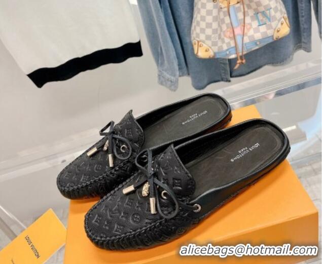 1:1 aaaaa Louis Vuitton Gloria Flat Loafer Mules with Bow in Monogram Leather Black 728035