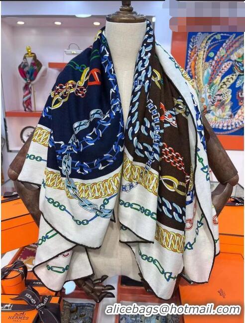 Well Crafted Hermes Cashmere & Silk Square Shawl Scarf 140x140cm H42515 Blue 2023