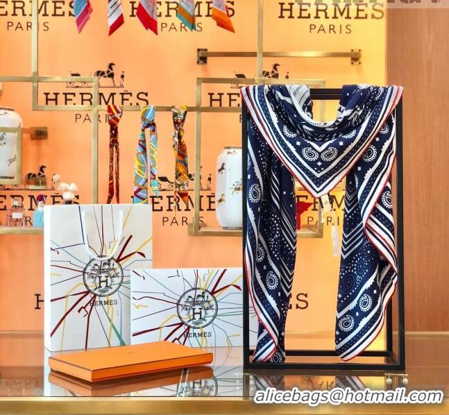 New Style Hermes Cashmere & Silk Square Shawl Scarf 140x140cm H42629 Dark Blue 2023