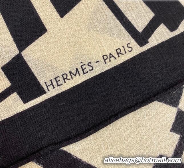 Top Quality Hermes Cashmere & Silk Square Shawl Scarf 140x140cm H42630 White/Black 2023