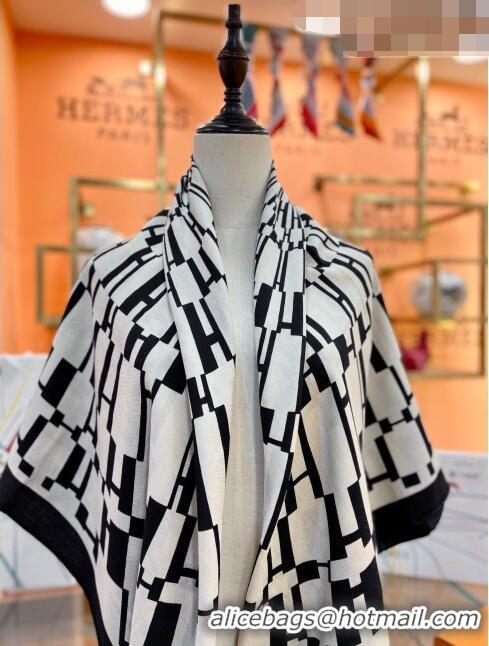 Top Quality Hermes Cashmere & Silk Square Shawl Scarf 140x140cm H42630 White/Black 2023