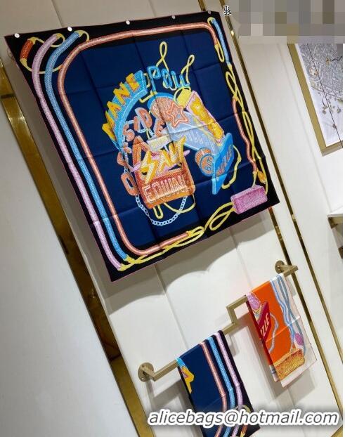 New Fashion Hermes Chevaloscope Neon Silk Square Scarf 90cm H3008 Navy Blue 2023