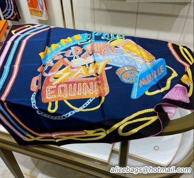 New Fashion Hermes Chevaloscope Neon Silk Square Scarf 90cm H3008 Navy Blue 2023