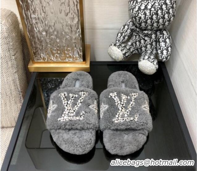 Top Design Louis Vuitton Shearling Flat Slide Sandals with Crystals Grey 804084