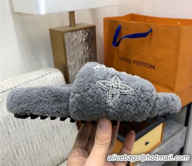 Top Design Louis Vuitton Shearling Flat Slide Sandals with Crystals Grey 804084