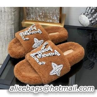 Purchase Louis Vuitton Shearling Flat Slide Sandals with Crystals Brown 804085