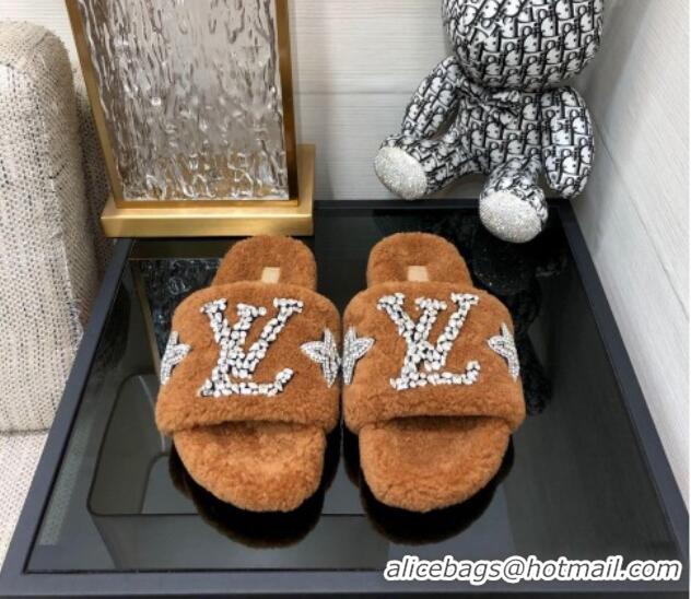 Purchase Louis Vuitton Shearling Flat Slide Sandals with Crystals Brown 804085