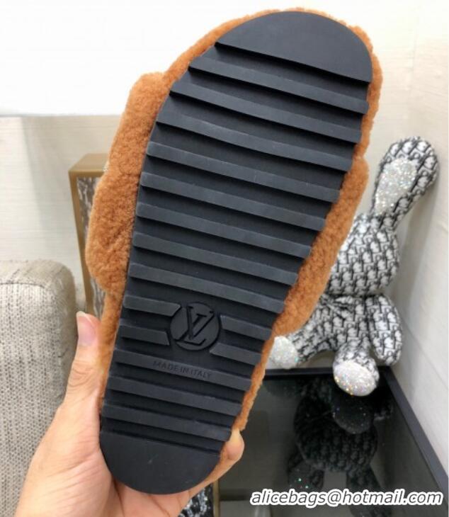 Purchase Louis Vuitton Shearling Flat Slide Sandals with Crystals Brown 804085