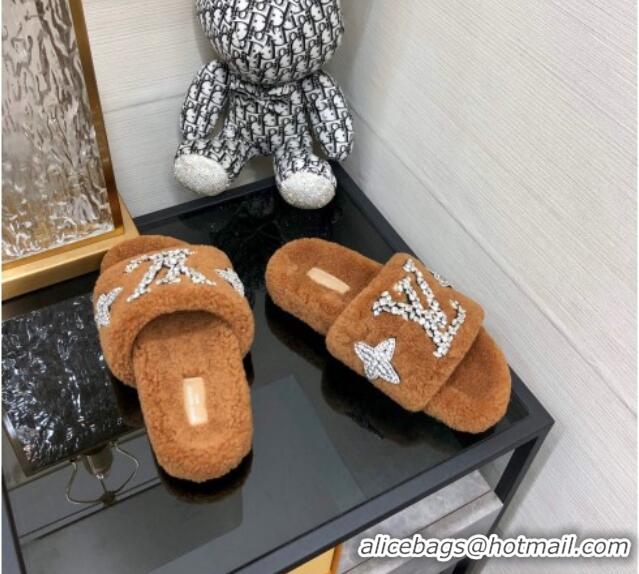 Purchase Louis Vuitton Shearling Flat Slide Sandals with Crystals Brown 804085