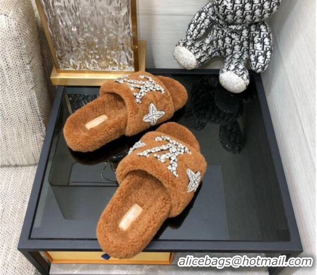 Purchase Louis Vuitton Shearling Flat Slide Sandals with Crystals Brown 804085