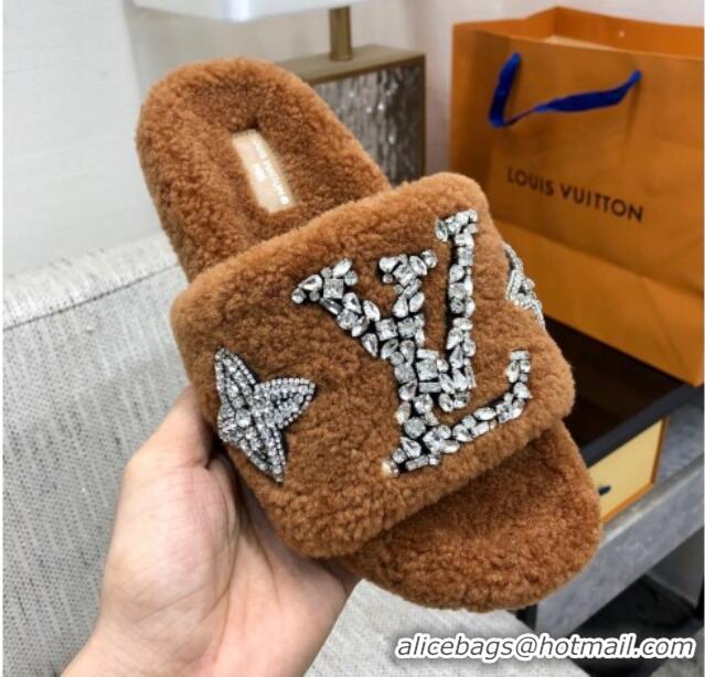 Purchase Louis Vuitton Shearling Flat Slide Sandals with Crystals Brown 804085