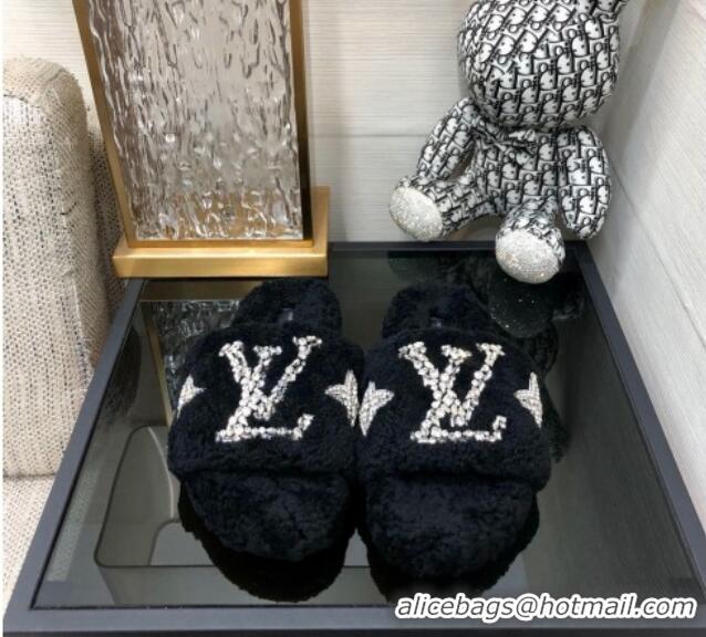 Good Quality Louis Vuitton Shearling Flat Slide Sandals with Crystals Black 804086