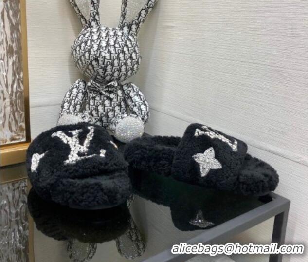 Good Quality Louis Vuitton Shearling Flat Slide Sandals with Crystals Black 804086