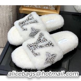 Pretty Style Louis Vuitton Shearling Flat Slide Sandals with Crystals White 804087