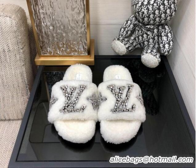 Pretty Style Louis Vuitton Shearling Flat Slide Sandals with Crystals White 804087