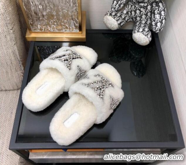 Pretty Style Louis Vuitton Shearling Flat Slide Sandals with Crystals White 804087