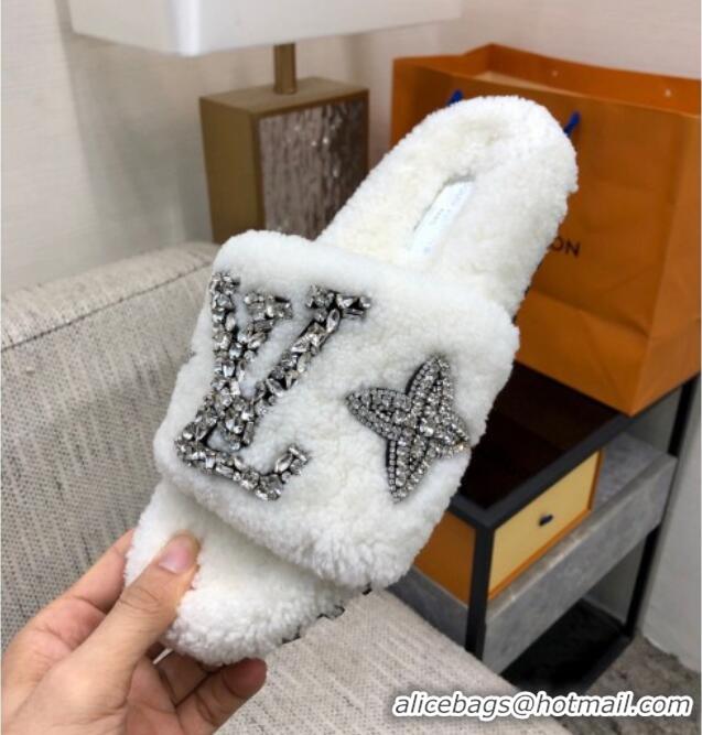 Pretty Style Louis Vuitton Shearling Flat Slide Sandals with Crystals White 804087