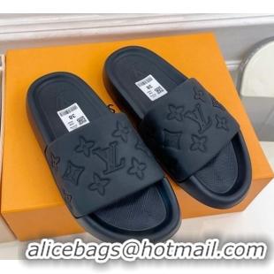 Low Price Louis Vuitton Maxi Monogram Leather Slide Sandals Black 809073