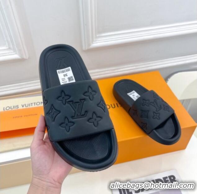 Low Price Louis Vuitton Maxi Monogram Leather Slide Sandals Black 809073