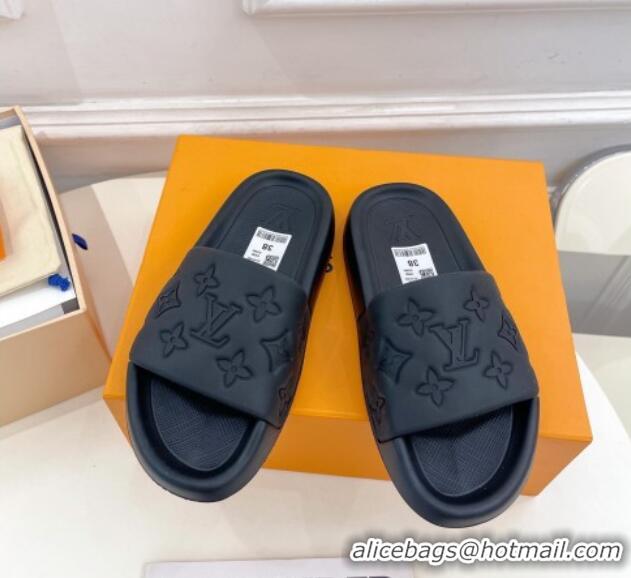 Low Price Louis Vuitton Maxi Monogram Leather Slide Sandals Black 809073