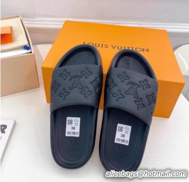 Low Price Louis Vuitton Maxi Monogram Leather Slide Sandals Black 809073