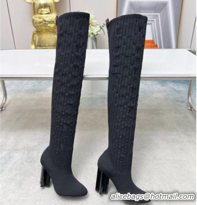 Top Grade Louis Vuitton Silhouette Knit Heel High Boots 10cm Black LV08141 814090