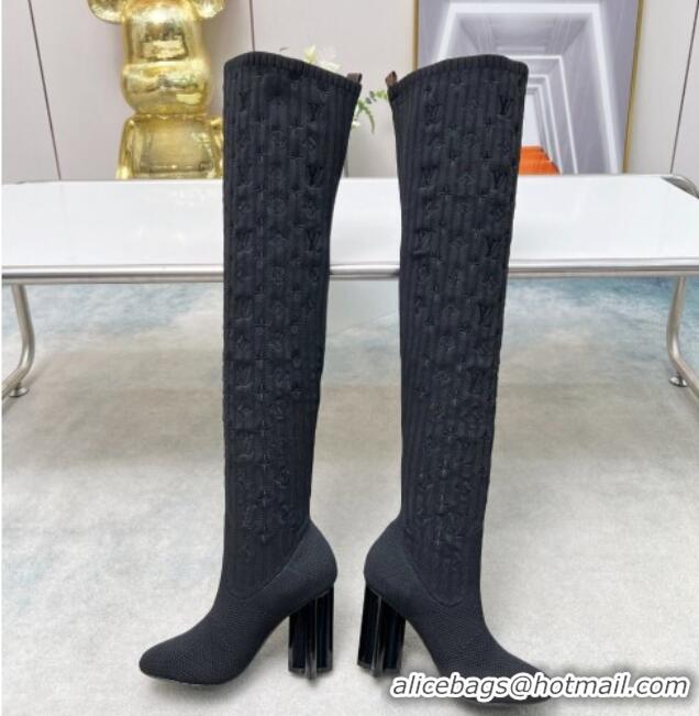 Top Grade Louis Vuitton Silhouette Knit Heel High Boots 10cm Black LV08141 814090