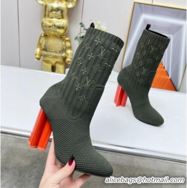 Classic Hot Louis Vuitton Silhouette Knit Heel Ankle Boots 10cm Green LV08141 814093