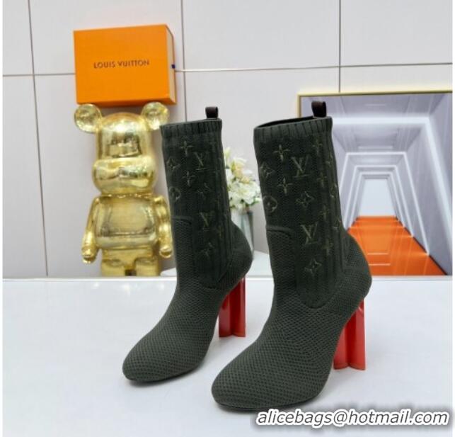 Classic Hot Louis Vuitton Silhouette Knit Heel Ankle Boots 10cm Green LV08141 814093