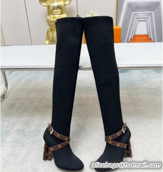 Cheap Price Louis Vuitton Silhouette Knit Heel High Boots 10cm with Buckle Strap Black LV08142 814096